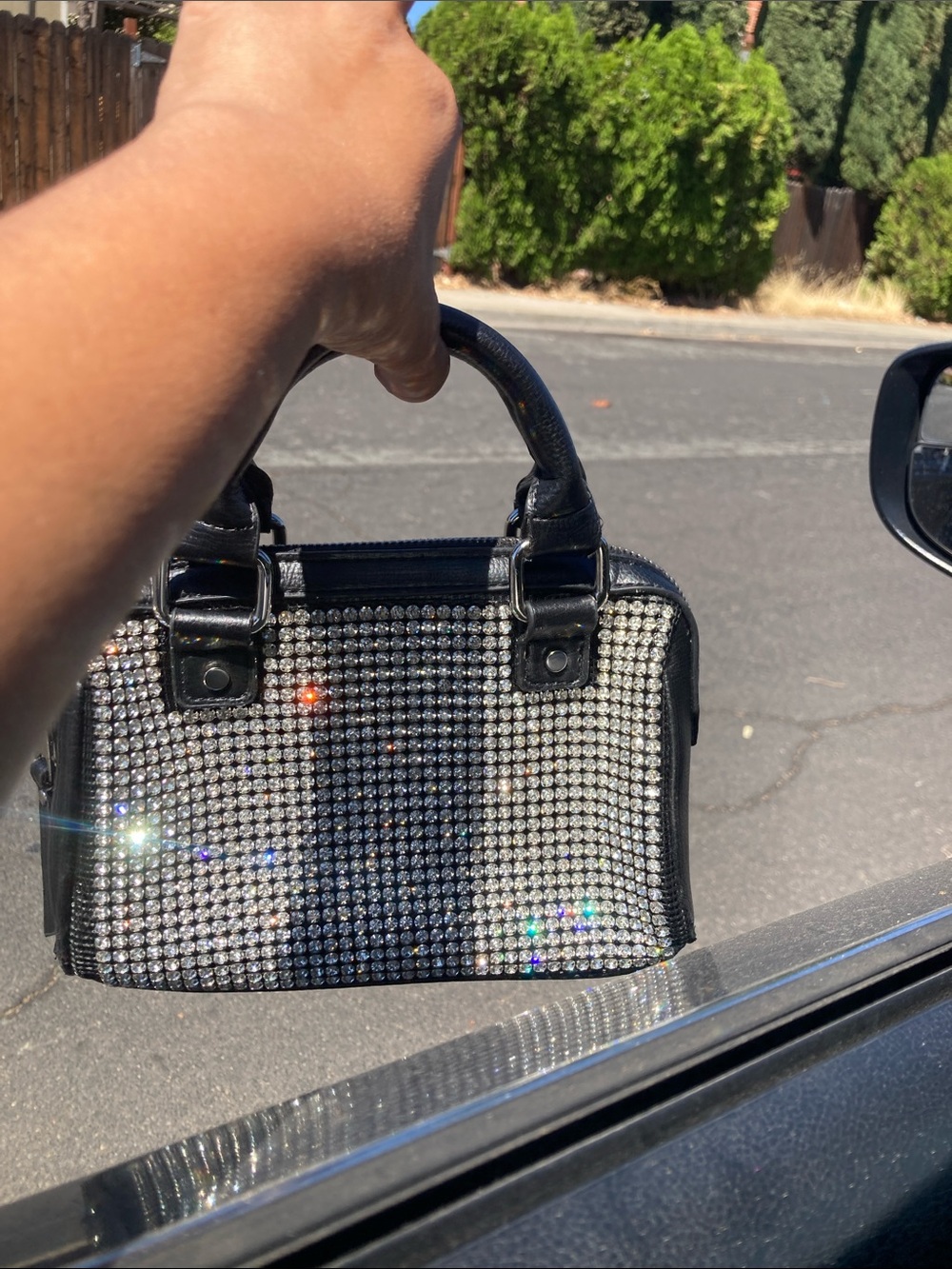 Steve Madden Black Leather Rhinestone Top Handle Bag- As Is